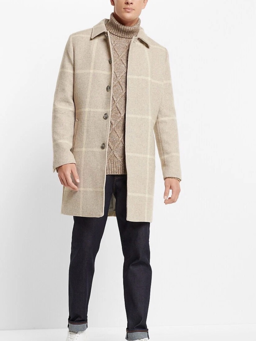 Express Conscious Edit Recycled Wool Plaid Car Coat Beige Medium NWT $348